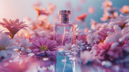 Obraz na płótnie Canvas Fresh aroma. Idea of sweet pure smell of flowers for girls. Place for text. Empty perfume bottle mockup for cosmetic branding. Open bottle of perfume with flowers, drops of water composition.