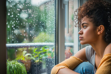 Woman sitting alone by a window, staring out with a thoughtful expression, raindrops tracing paths on the glass, embodying solitude and introspection - obrazy, fototapety, plakaty