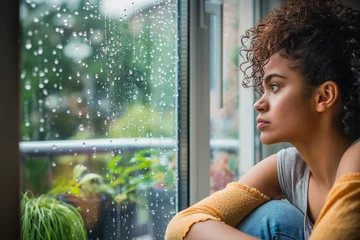 Fotobehang Woman sitting alone by a window, staring out with a thoughtful expression, raindrops tracing paths on the glass, embodying solitude and introspection © Nii_Anna