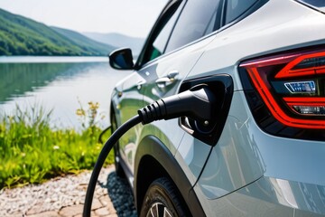 Electric car recharges its batteries with charging station in natural environment