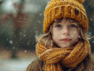 Portrait d'un enfant au bonnet et écharpe en laine sous la neige - obrazy, fototapety, plakaty