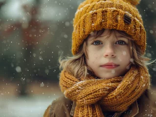 Fotobehang Portrait d'un enfant au bonnet et écharpe en laine sous la neige © Leopoldine