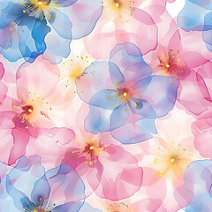 Translucent sakura flowers in pastel pink blue yellow and white seamless repeating pattern