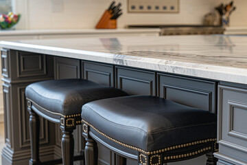 Close-up of a kitchen island with marble countertop, stylish bar stools set around, perfect for casual dining and socializing in a new kitchen setting