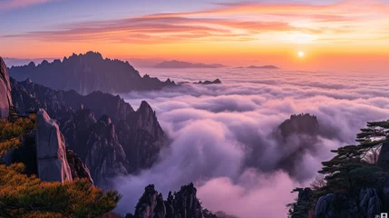 Papier Peint photo autocollant Monts Huang Generative AI image of Huangshan Mountain, sea of clouds, sunset