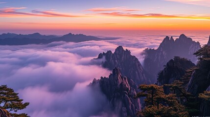 Generative AI image of Huangshan Mountain, sea of clouds, sunset