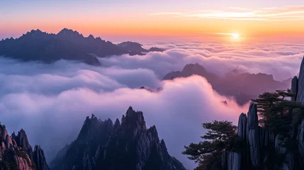 Keuken foto achterwand Huangshan Generative AI image of Huangshan Mountain, sea of clouds, sunset