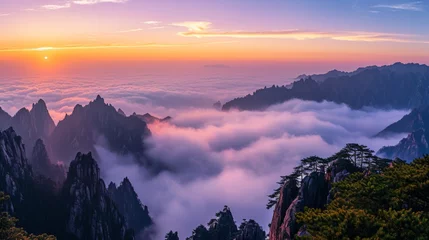 Crédence de cuisine en verre imprimé Monts Huang Generative AI image of Huangshan Mountain, sea of clouds, sunset
