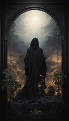 the dark figure of a man in a black cloak passes through a black arch