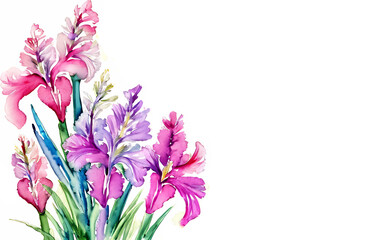 watercolor postcard,with a bouquet of gladioli flowers, with an empty space for text