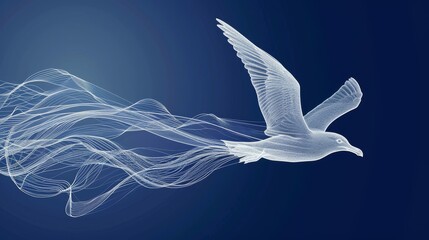 Generative AI image of Illustrate an elegant seagull in flight and related air currents using sleek white lines on a blue canvas, just a few lines, minimalist , line art ,