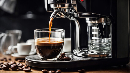 Coffee is poured from a coffee machine into a transparent glass. Coffee shop, coffee production, coffee machine
