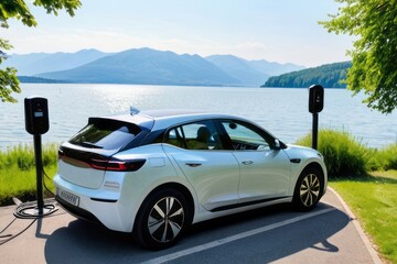 Fototapeta na wymiar Electric car recharges its batteries with charging station in natural environment