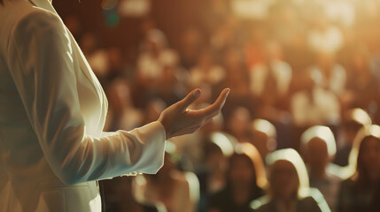 A business person giving a presentation. The body language of the person confident and engaging. The presentation slides should be clear and easy to read. The audience engaged and interested.