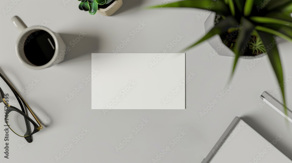 Poster sophisticated mockup display featuring pristine white business cards on a light table surface, provi