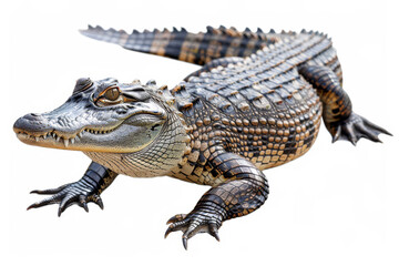 Fototapeta premium crocodile with textured skin, isolated on a white background, showcasing its predatory features.