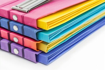 An image of a stack of file folders, neatly arranged and color-coded, set against a white background. The labels, tabs, and texture of the folders are clearly visible