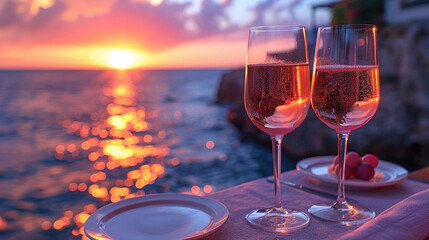 Romantic dinner in a restaurant against the backdrop of the sea and sunset. Glasses of wine against the background of the sea