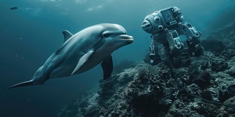 Tranquil depths of the ocean, a playful pod of dolphins swims gracefully alongside a sleek underwater robot, creating a mesmerizing tableau of nature and technology