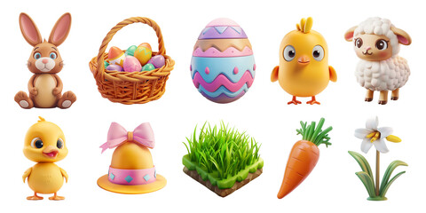 Collection set of 3d Easter icons isolated on transparent or white background, png