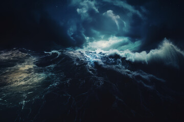 The untamed beauty of the sea captured with towering ocean waves reaching for a dark, stormy sky at the edge of twilight..