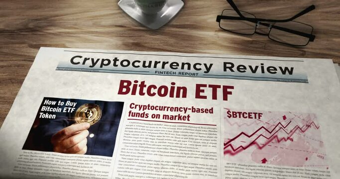 Spot Bitcoin ETF BTCETF crypto currency investment daily newspaper on table. Headlines news abstract concept 3d.