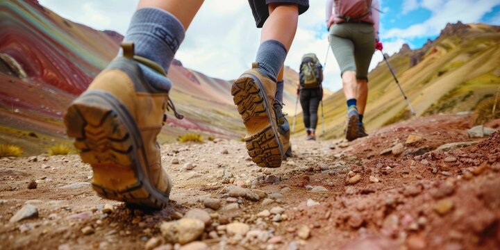 A group of hikers hiking the mountain trail, low angle photo