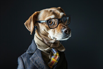 Dog in a colorful suit and wearing glasses. Pet is dressed up in humorous, stylish suit with a tie for intellectual look. Trendy dog clothing for Funny humor. 
