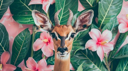Beautiful antelope portrait in tropical flowers, leaves and plants, soft pink colors. Horizontal sketchbook cover template. Wild jungle nature. - obrazy, fototapety, plakaty