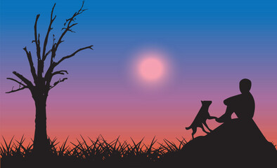 silhouette of a boy and dog