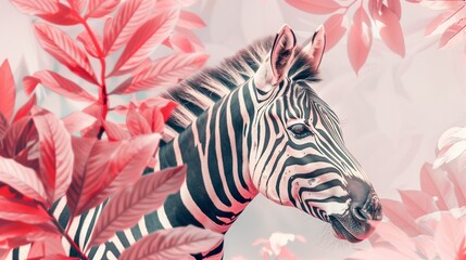 Beautiful Zebra portrait in tropical flowers, leaves and plants, soft pink colors. Horizontal sketchbook cover template. Wild jungle nature.