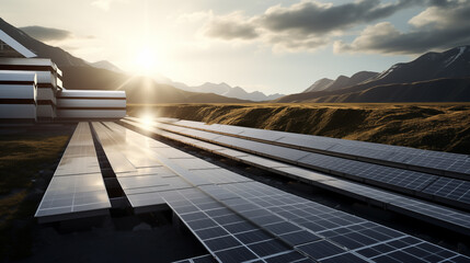 Solar panels at sunset. Solar energy concept.