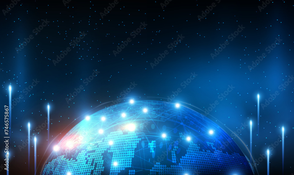 Poster global communication network around planet earth and telecommunication. futuristic planet earth. tec