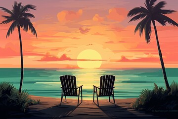 two chairs on a beach with palm trees and a sunset