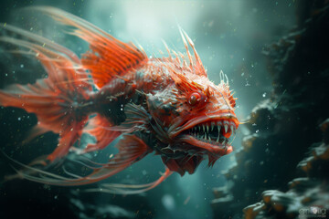 Demon fish ; coral reef; marine life; underwater; predator; fin rays; swimming; aquatic; ocean; venomous; fish; sea; natural habitat; wildlife; scuba diving; exotic; tropical fish