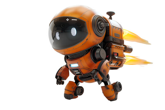 A 3D animated cartoon render of a playful robot equipped with a jetpack.