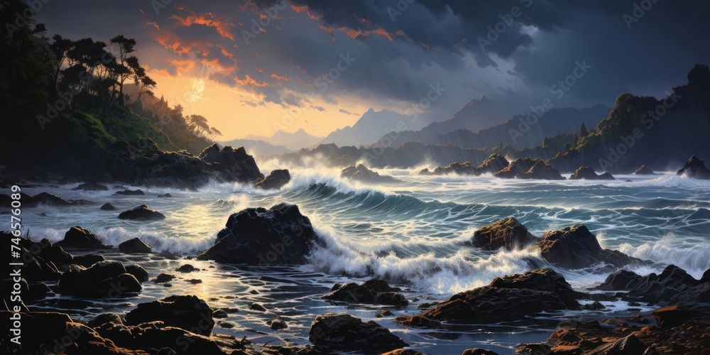Poster waves crashing on rocks in the ocean generative ai