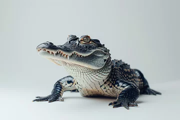 Poster crocodile with textured skin, isolated on a white background, showcasing its predatory features. © bajita111122