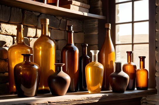 Rustic Vine Bottles Collection on Oak Table.