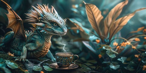 Depths of tropical jungle, a magnificent lizard resembling a mythical dragon rests upon a tree branch drink coffee, its emerald green scales glistening in sunlight