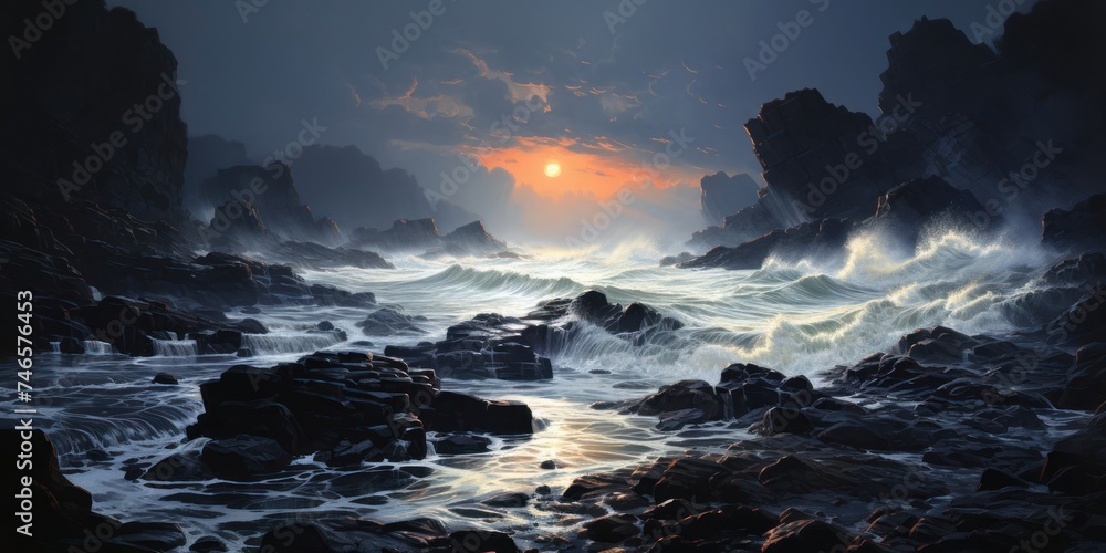 Poster sun setting over ocean with rocks in foreground generative ai