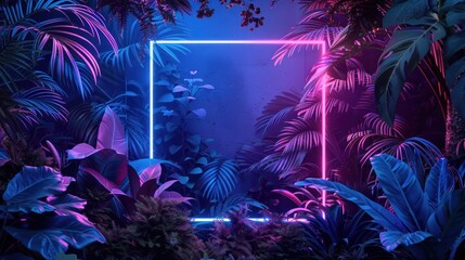 neon lights. Silhouettes of tropical rectangle, polygon frame, key, music, leaf, colorful smoke