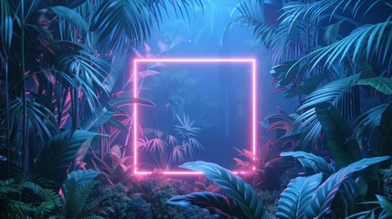 neon lights. Silhouettes of tropical rectangle, polygon frame, key, music, leaf, colorful smoke