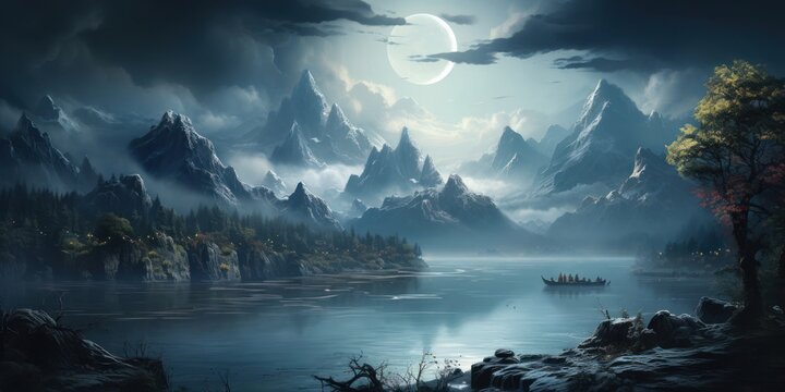 Painting of a Mountain Lake at Night Generative AI