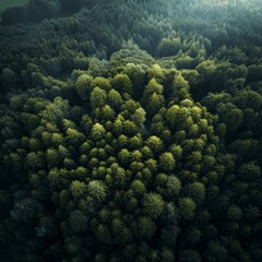 Naklejka na ściany i meble Generative AI image of Overlooking a dense forest from a bird's eye view, Glowing radioactivity, reflection photography, new objectivity, UHD, high resolution