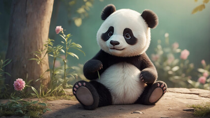 panda sits on the ground in the forest near flowers