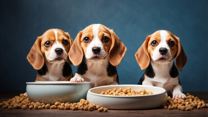 cute little beagle puppies near bowls of food