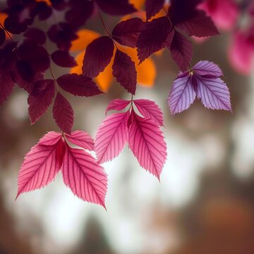Generative AI image of minimalistic autumn leaves growing as flowers, magnificent macro photography shot, abstract art, retro bokeh,