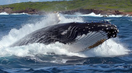 Fototapeta premium Close-up shot of a majestic humpback whale breaching the surface, its immense size leaving viewers in awe