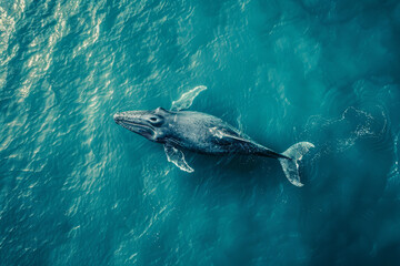 Fototapeta premium whale captured from above, gracefully gliding through the serene turquoise ocean depths.